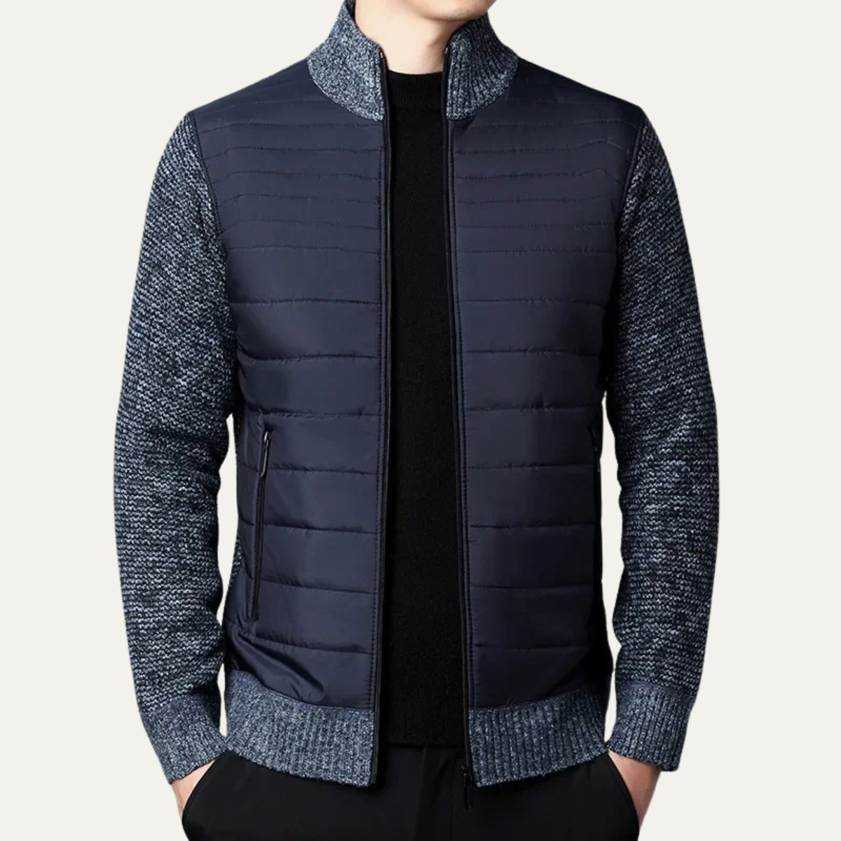 Men's Cotton Quilted Cardigan Zip Up Padded Black