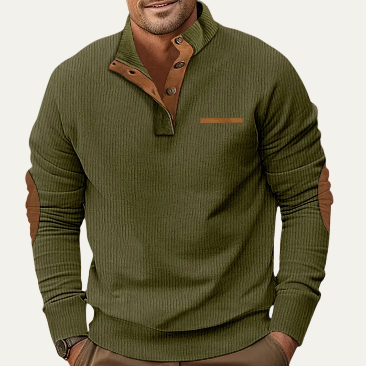 Men's Corduroy Sweater Button Neck Patch Details