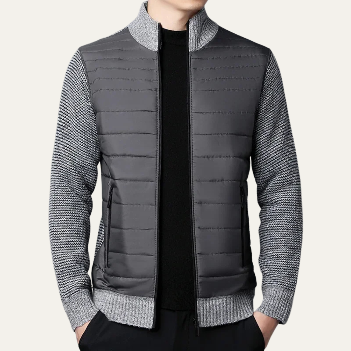 Men's Cotton Quilted Cardigan Zip Up Padded Black