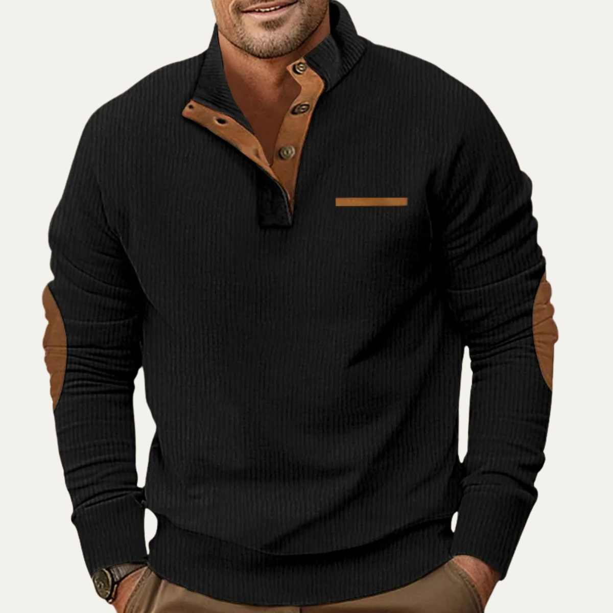 Men's Corduroy Sweater Button Neck Patch Details