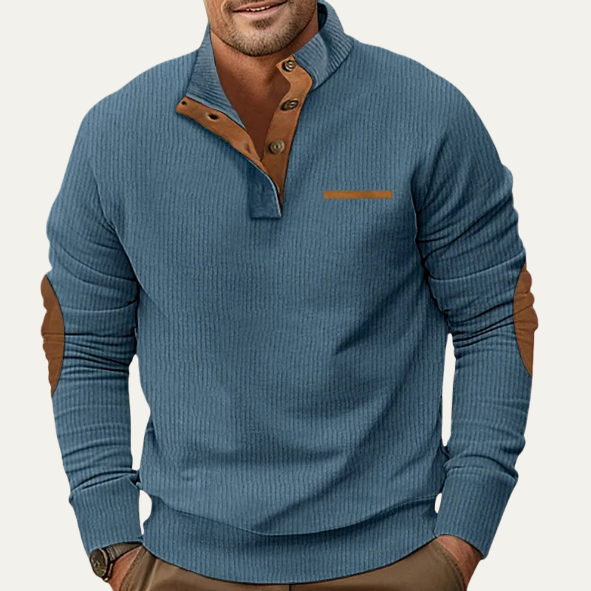 Men's Corduroy Sweater Button Neck Patch Details
