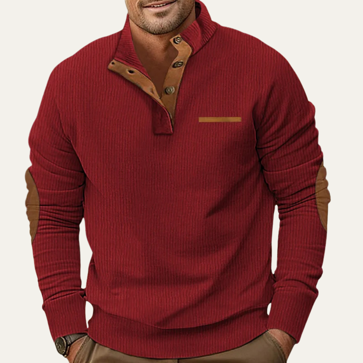 Glencrest Men's Corduroy Sweater Button Neck Patch Detail Brown