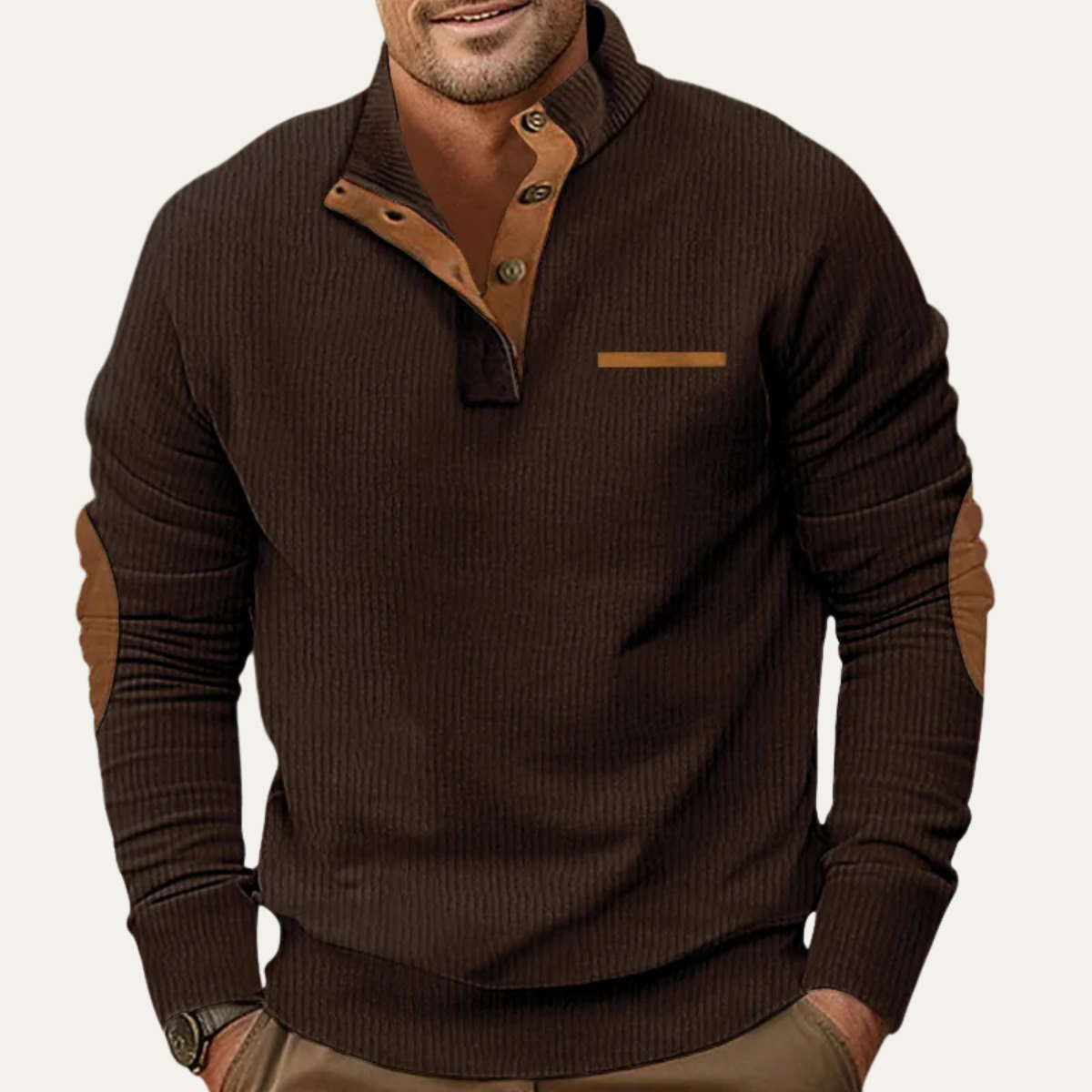 Glencrest Men's Corduroy Sweater Button Neck Patch Detail Brown