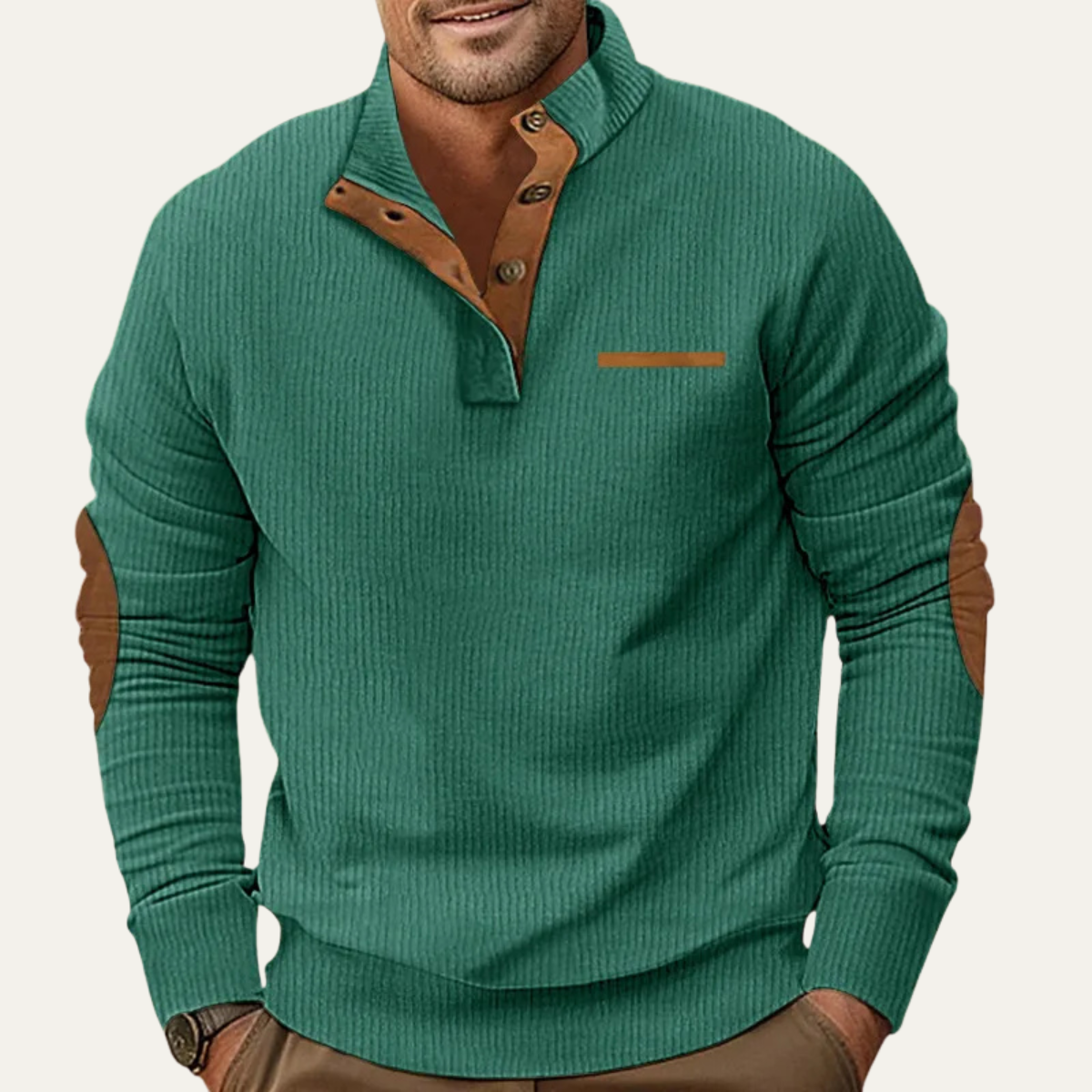 Glencrest Men's Corduroy Sweater Button Neck Patch Detail Brown