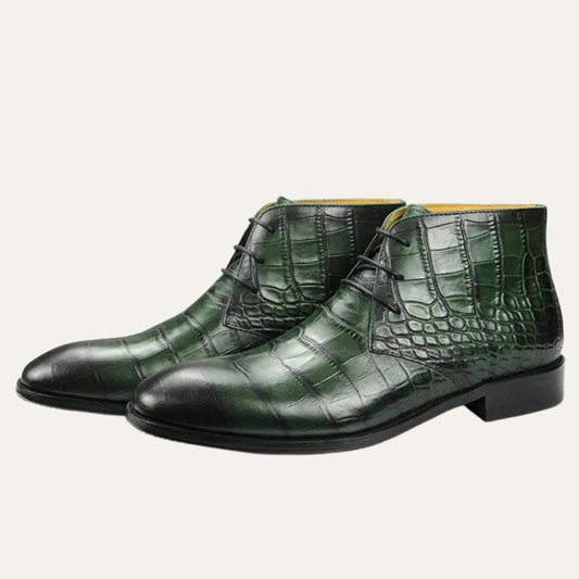 Men's Leather Lace-Up Boots Crocodile Pattern Brown - VibreMode