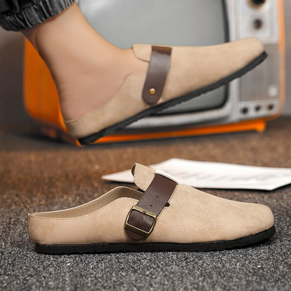 Men's Suede Moccasin Slippers Buckle Brown