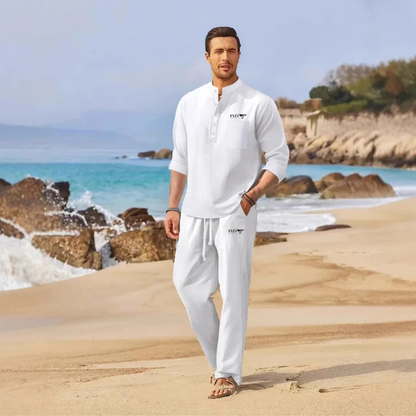 Men's Linen Polo Pants Set Lightweight Casual Beige