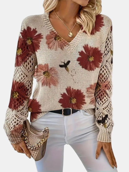 Women's V-Neck Sweater Floral Knit Pattern