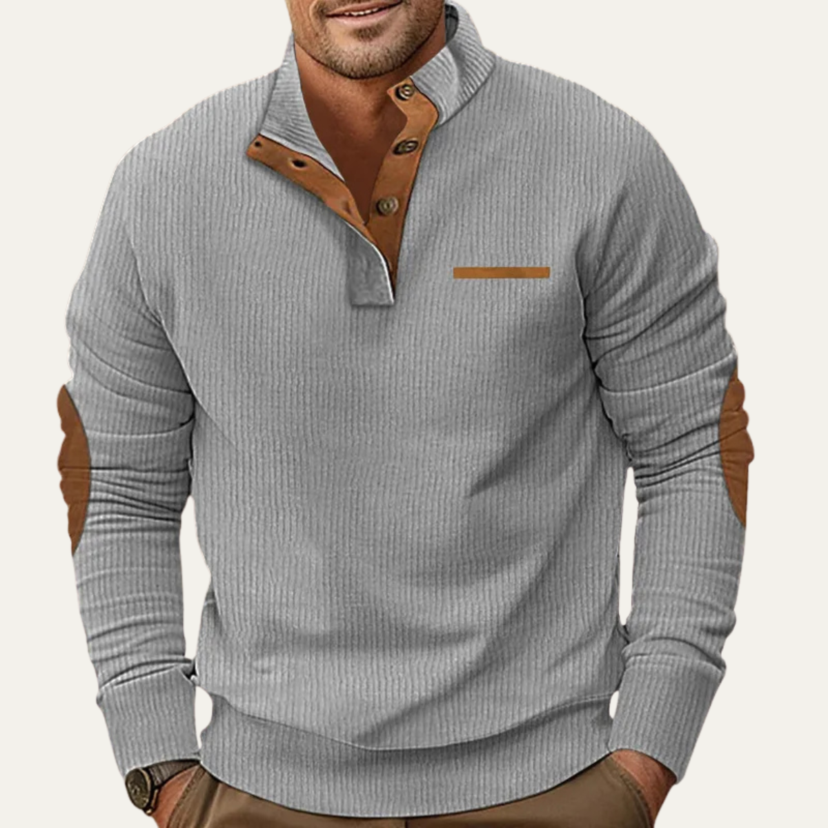 Men's Classic Corduroy Sweater Button Neck Patch Details