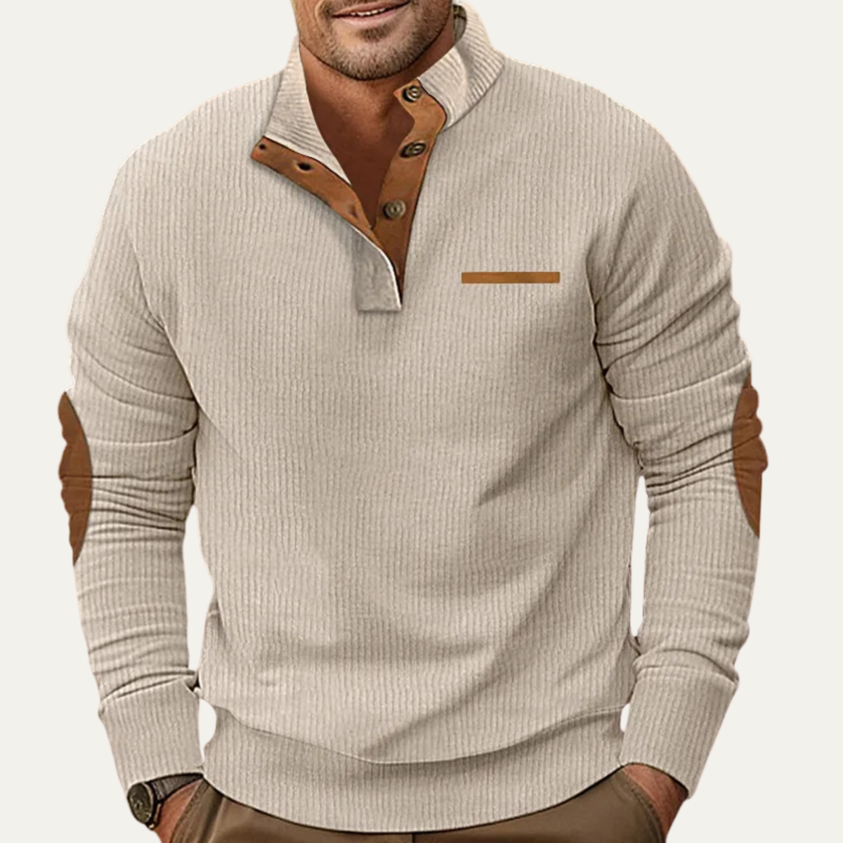 Men's Classic Corduroy Sweater Button Neck Patch Details