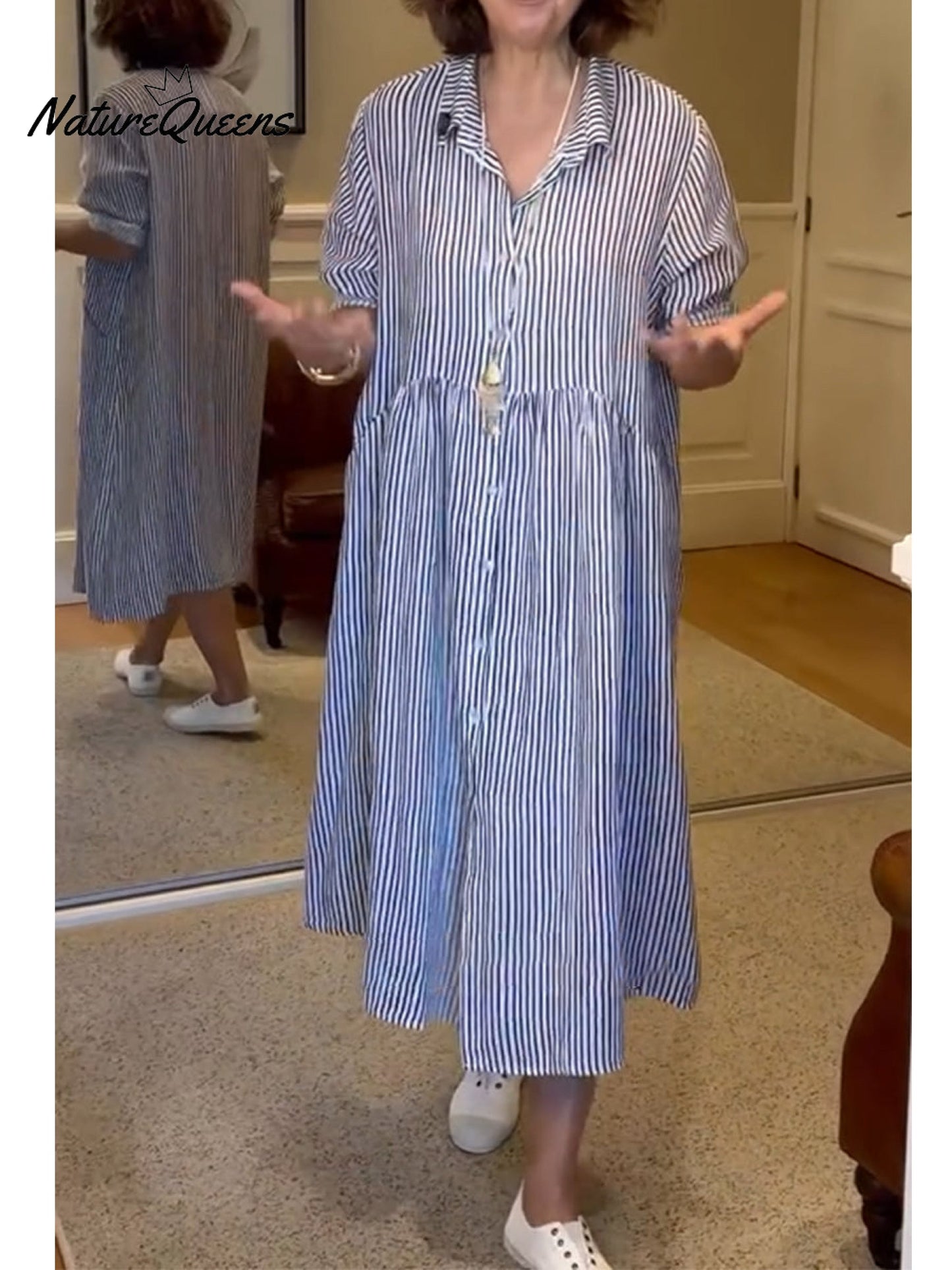 Relaxed Fit Summer Striped Shirt Dress - VibreMode