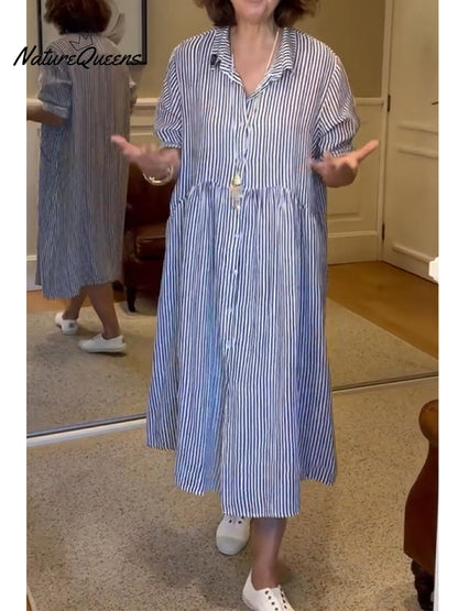 Relaxed Fit Summer Striped Shirt Dress - VibreMode