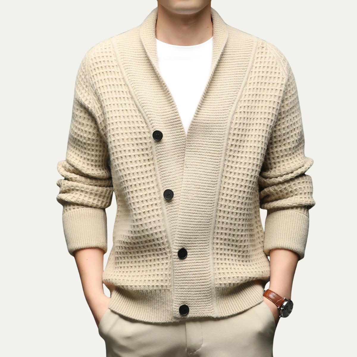 Men's Chunky Knit Cardigan Shawl Collar