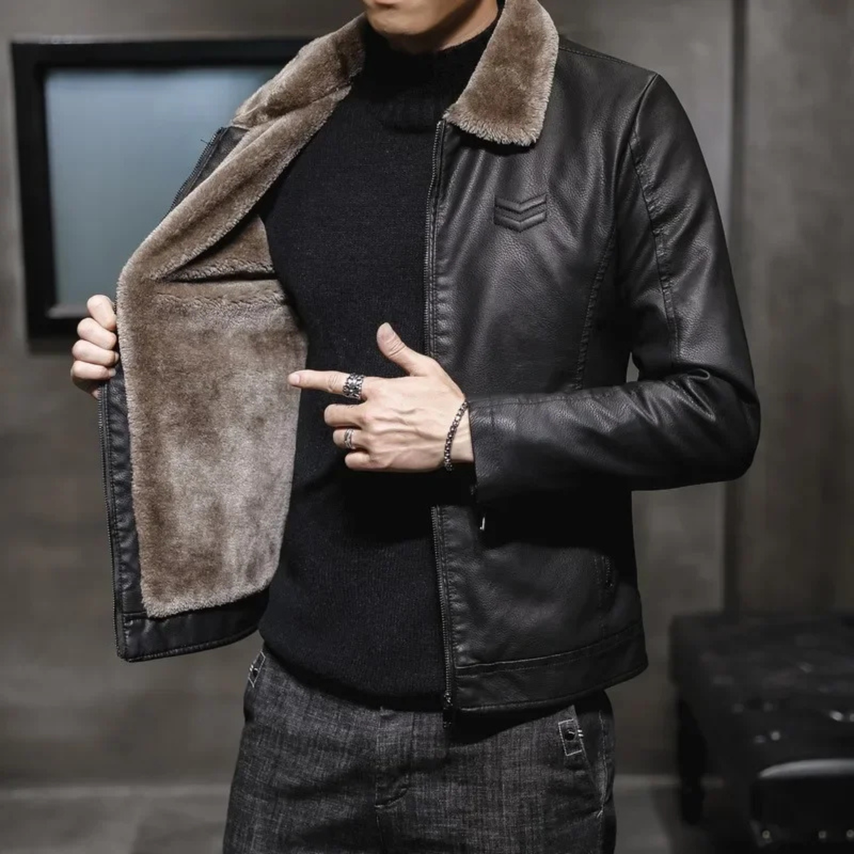 Menton Men's Leather Shearling Jacket Fleece Lined