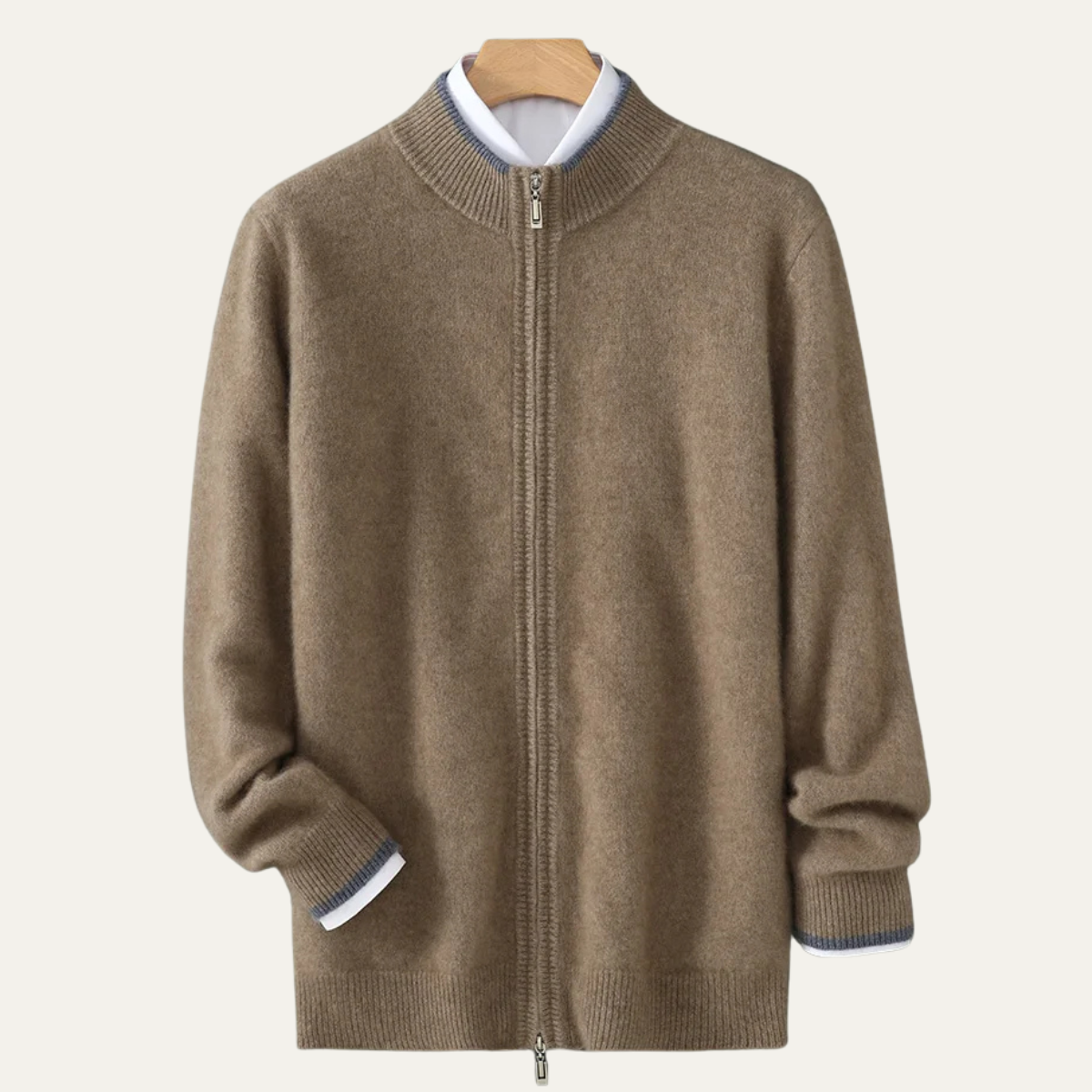 Men's Wool Cardigan Soft Warm Zip Up Knit Beige