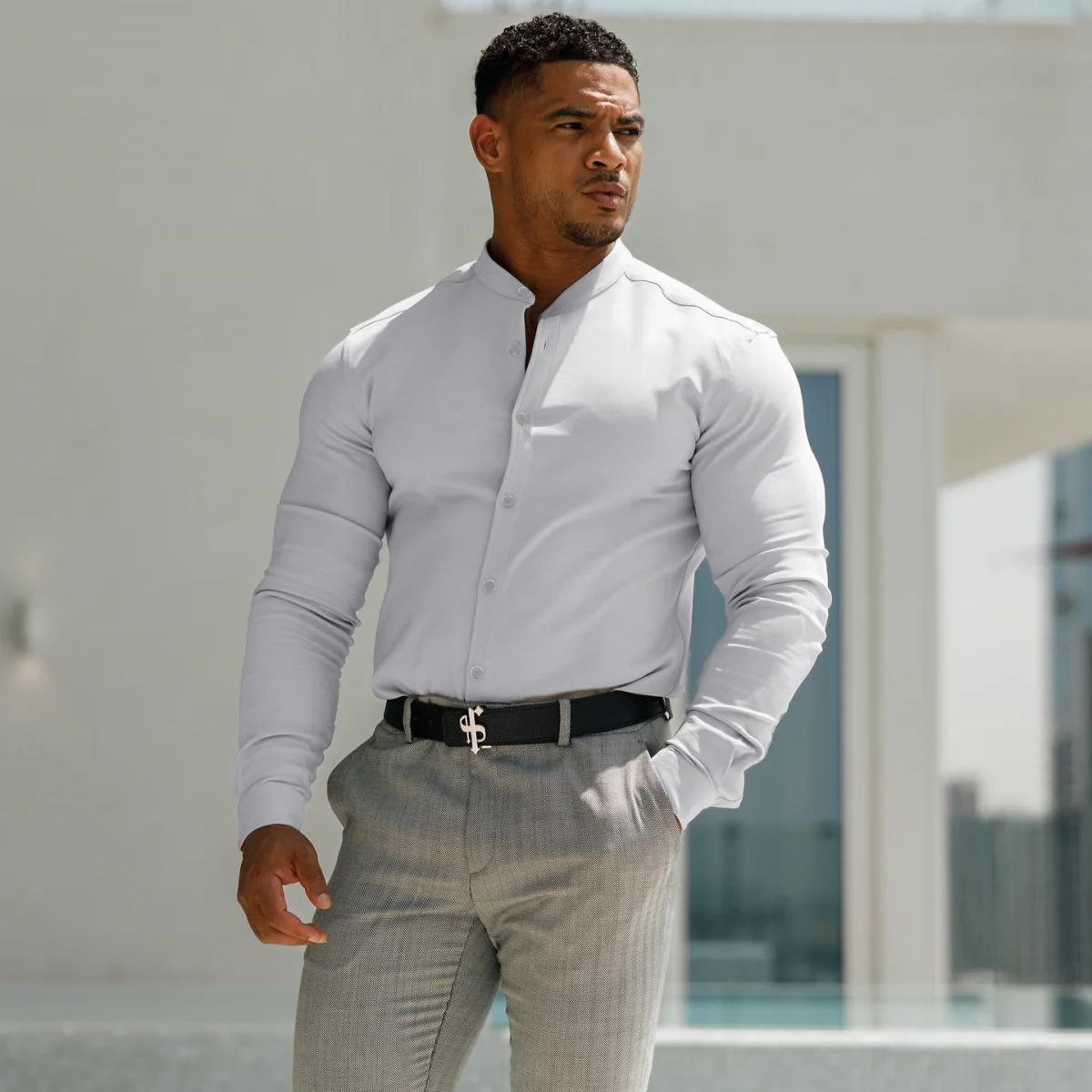 Men's Slim Fit Stand Collar Dress Shirt