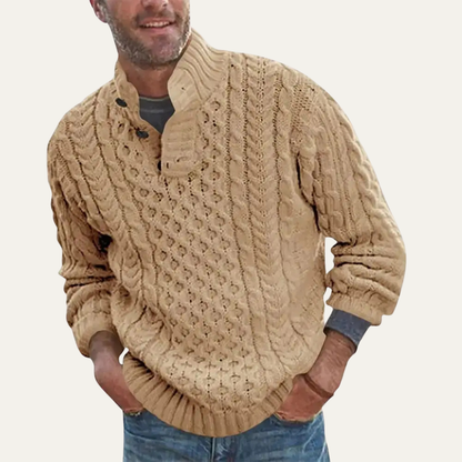 Men's Cable Knit Sweater Chunky Button Neck