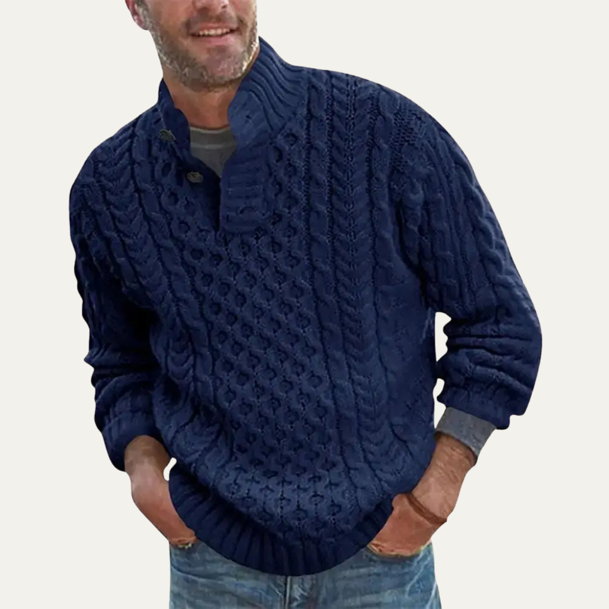 Men's Cable Knit Sweater Chunky Button Neck