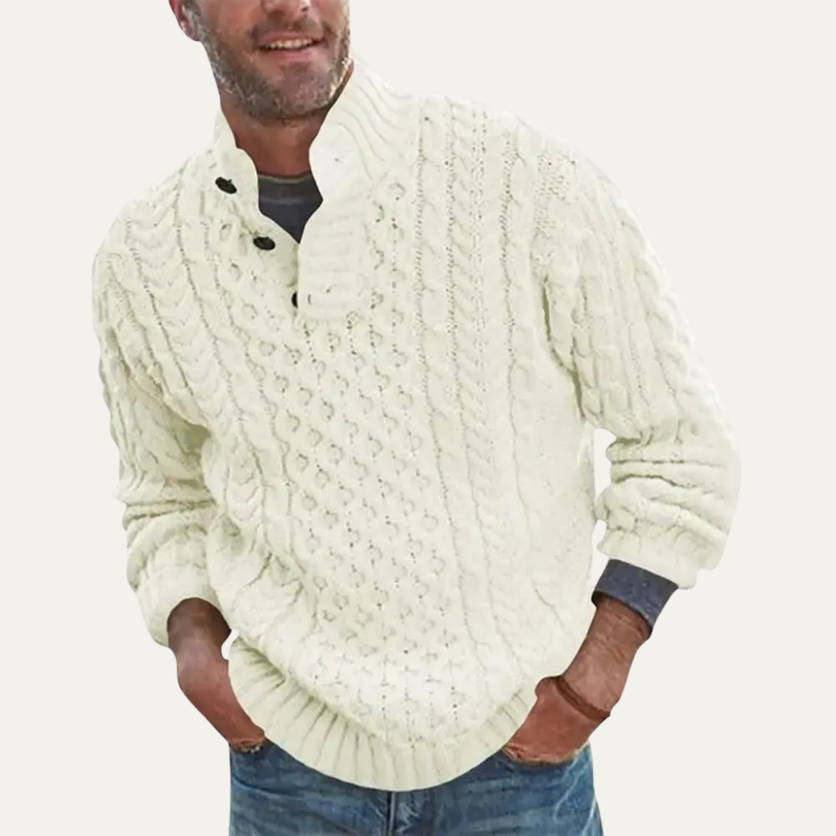 Men's Cable Knit Sweater Chunky Button Neck