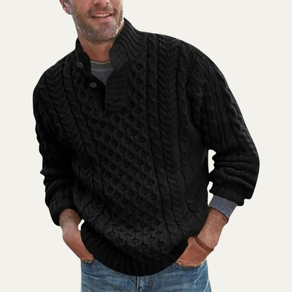 Men's Cable Knit Sweater Chunky Button Neck