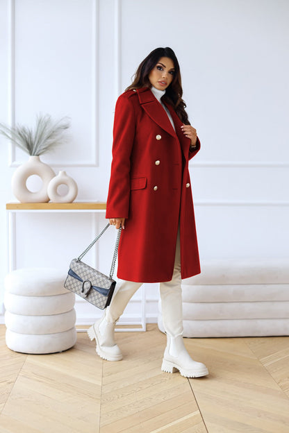 Women's Double-Breasted Long Coat Gold Button Accents