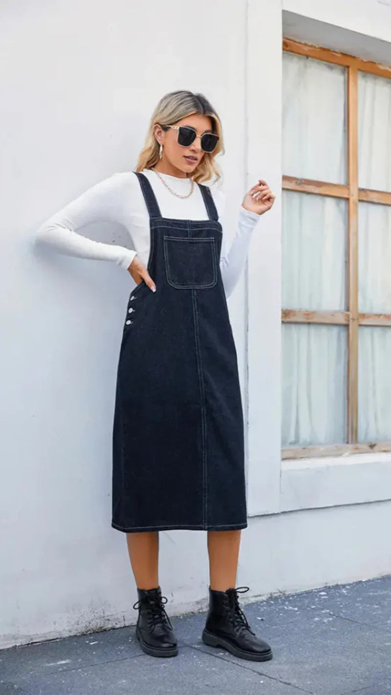 Women's Denim Midi Pinafore Dress - VibreMode