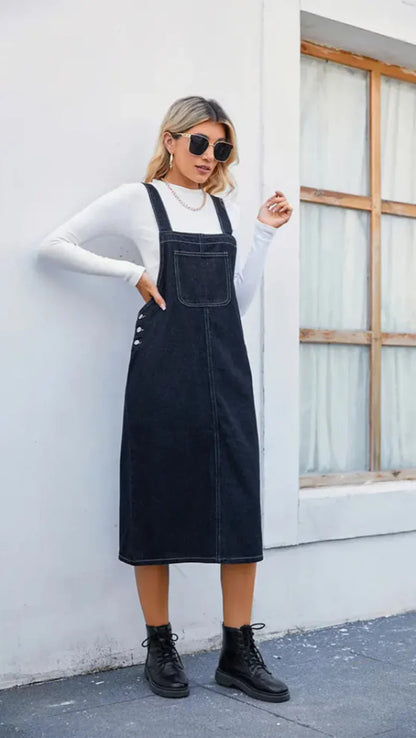 Women's Denim Midi Pinafore Dress - VibreMode