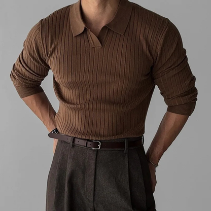 Men's V Neck Jacquard Knit Polo Shirt