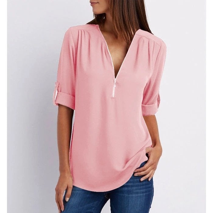 Pink Women's Casual V-Neck Short Sleeve Blouse Top - VibreMode