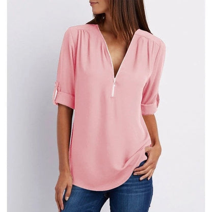 Pink Women's Casual V-Neck Short Sleeve Blouse Top - VibreMode