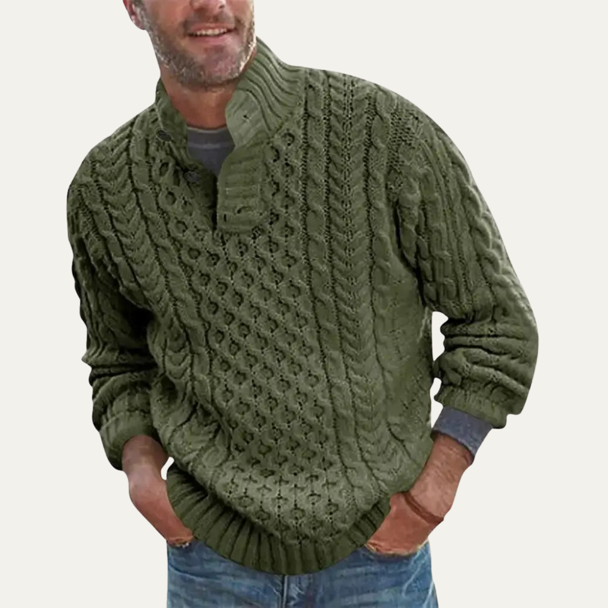 Men's Cable Knit Sweater Chunky Button Neck