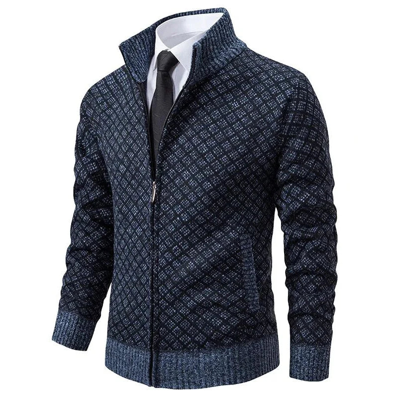 Men's Zip-Front Cardigan Diamond Pattern Ribbed Trim - VibreMode