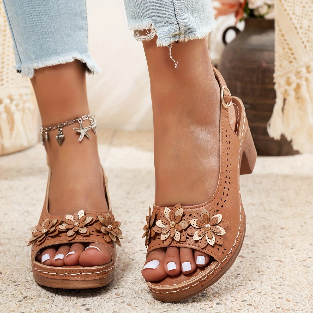 Brown Buckle Ankle Strap Flat Sandals