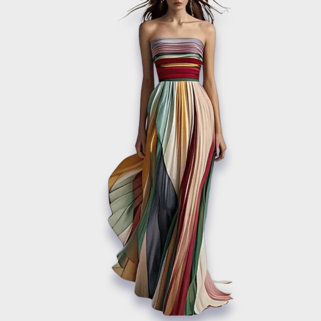 Women's Maxi Dress Pleated Bare Shoulder Design - VibreMode