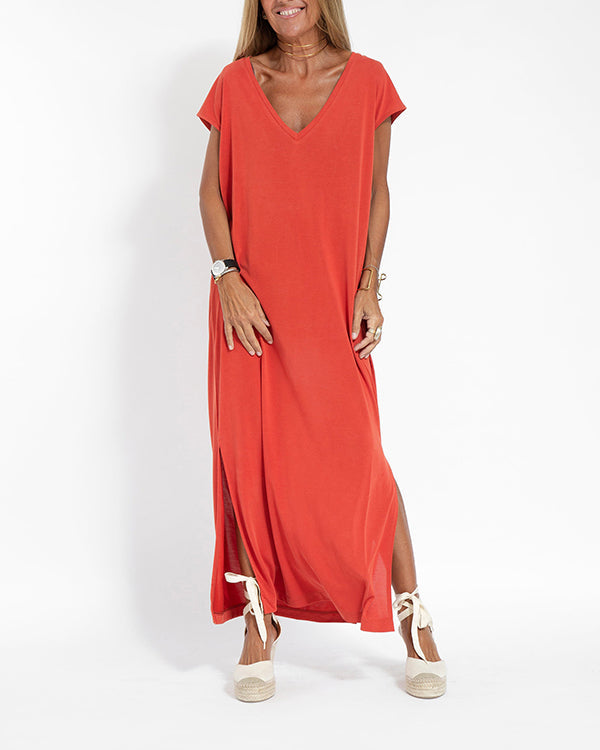 Pink Women's V Neck Summer Maxi Dress - VibreMode
