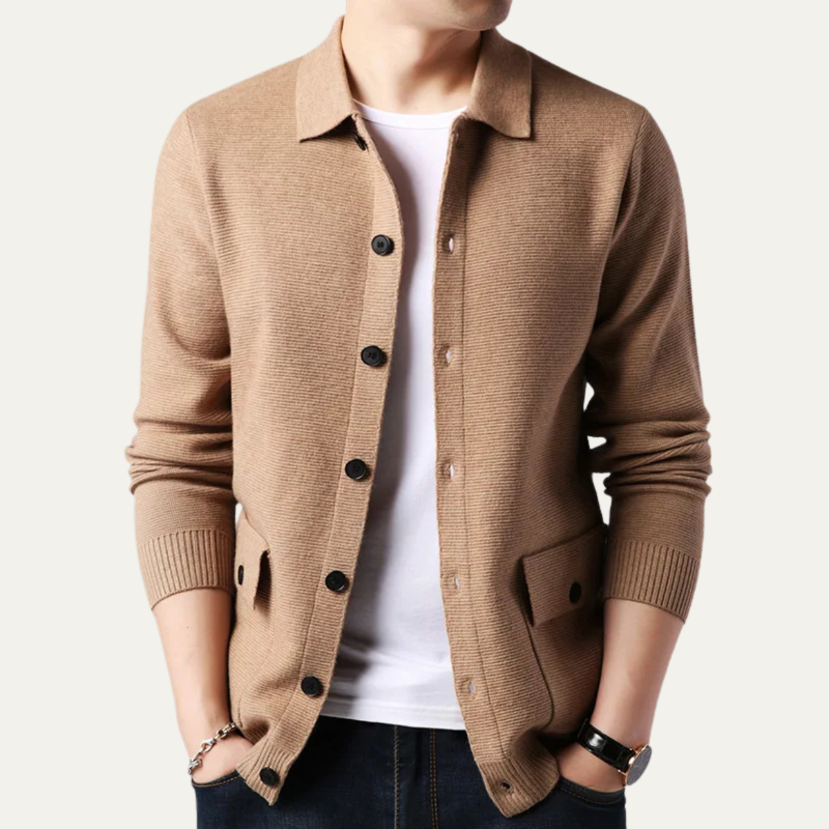 Men's Knit Cardigan Button Front Turn Down Collar