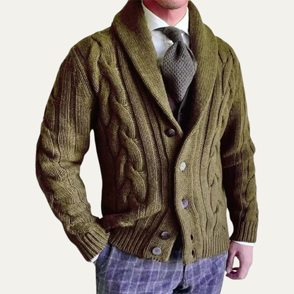 Men's Cable Knit Cardigan Shawl Collar Button Up Beige