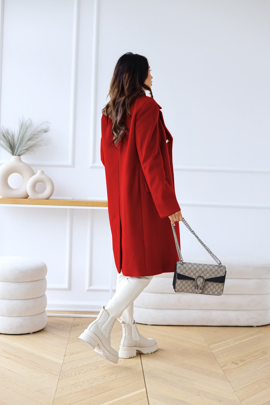 Women's Double-Breasted Long Coat Gold Button Accents