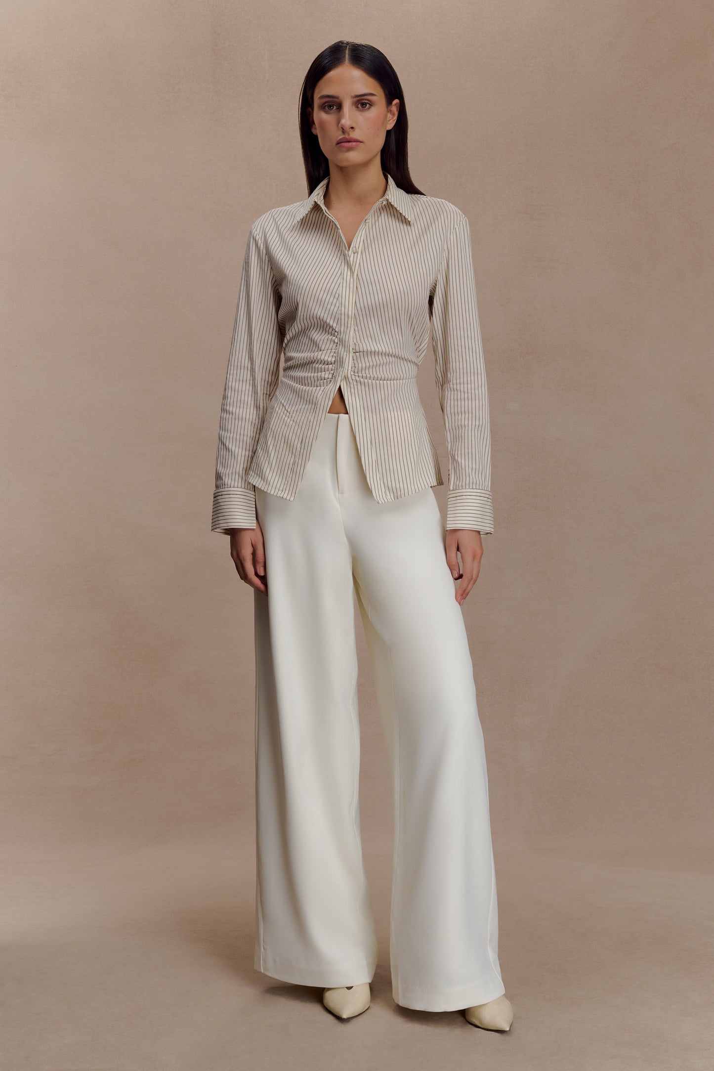 Women's Beige Striped Button-Down Shirt