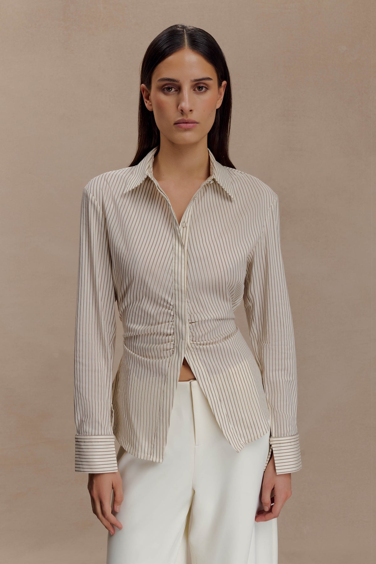 Women's Beige Striped Button-Down Shirt - VibreMode