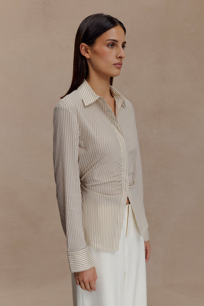 Women's Beige Striped Button-Down Shirt