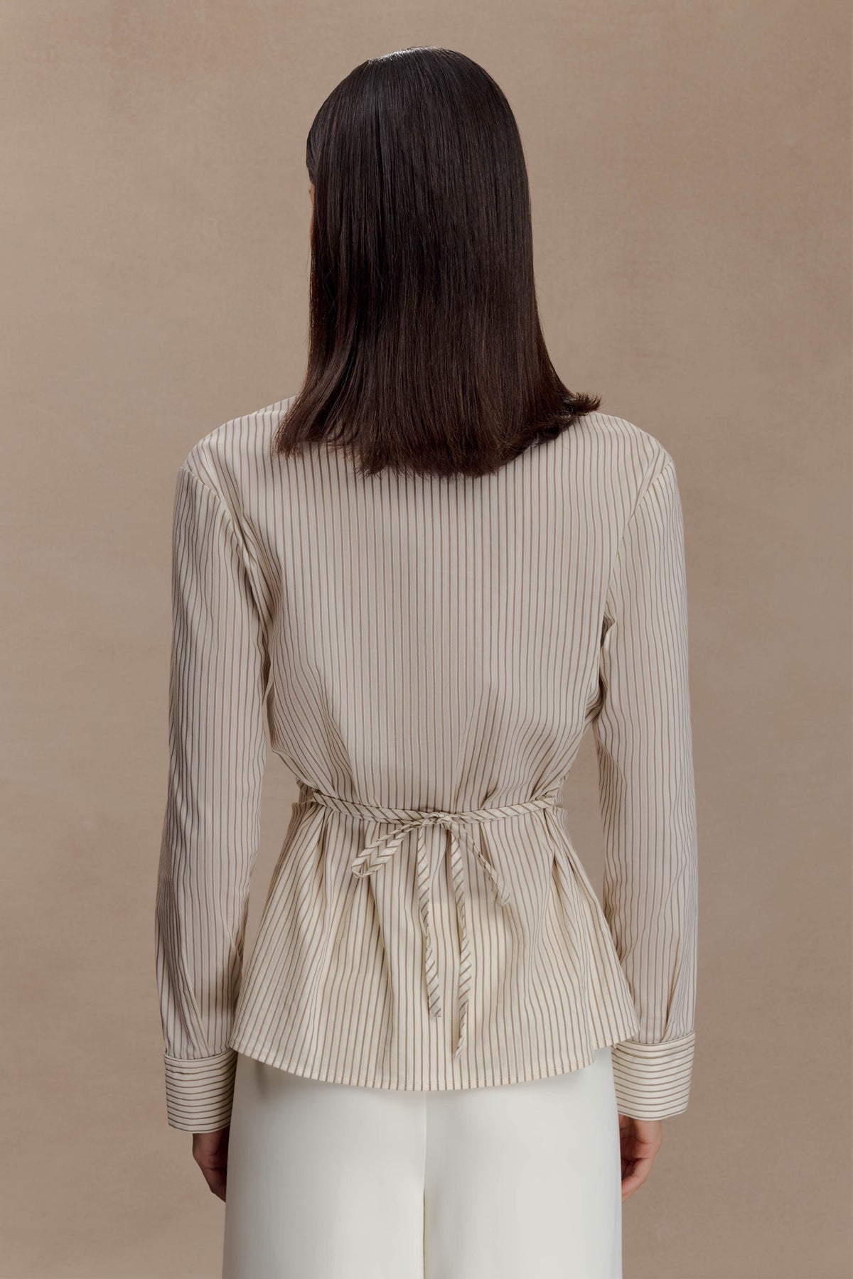 Women's Beige Striped Button-Down Shirt