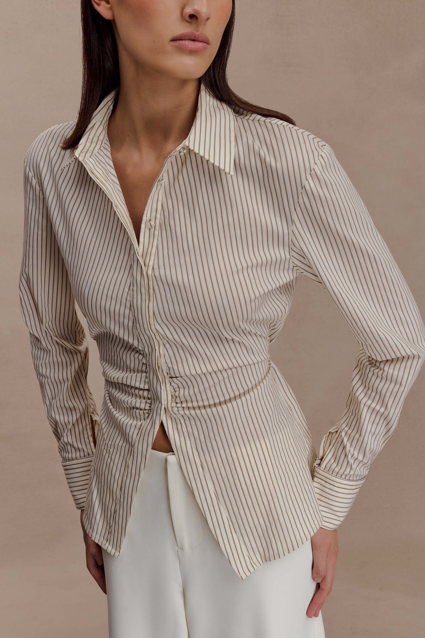 Women's Beige Striped Button-Down Shirt