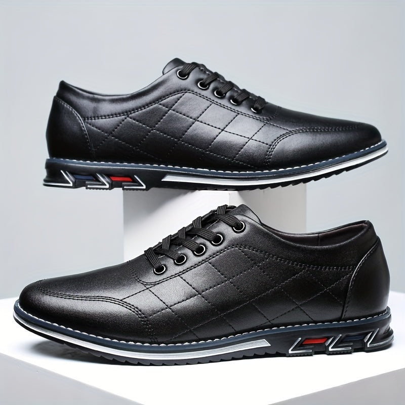 Men's Quilted Lace-Up Shoes Leather Sport Sole Comfortable Black