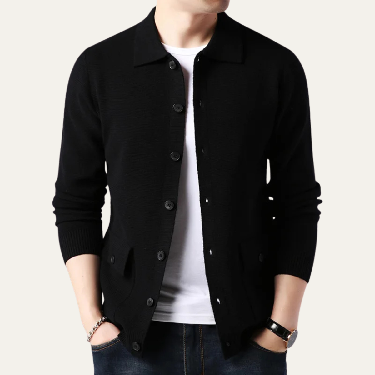 Men's Knit Cardigan Button Front Turn Down Collar