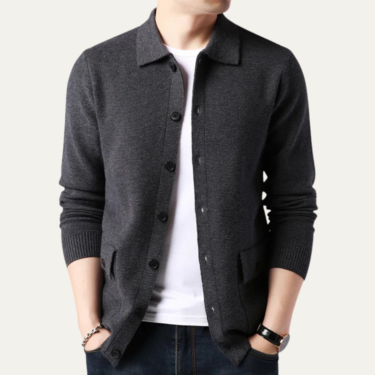 Men's Knit Cardigan Button Front Turn Down Collar
