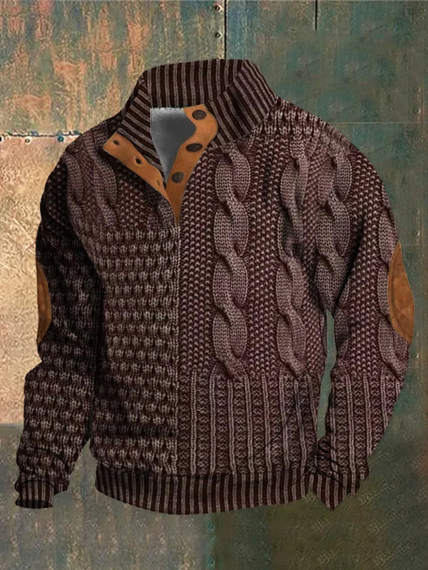 Men's Cable Knit Sweater Button Neck