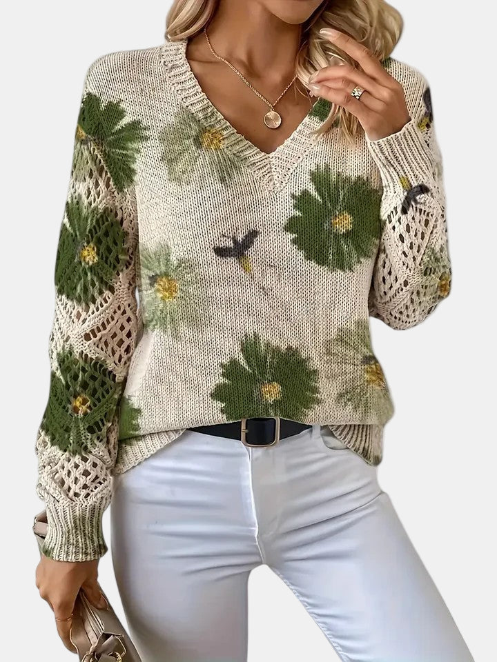 Women's V-Neck Sweater Floral Knit Pattern