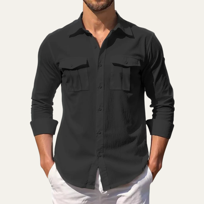 Men's Linen Casual Shirt Double Pocket Beige