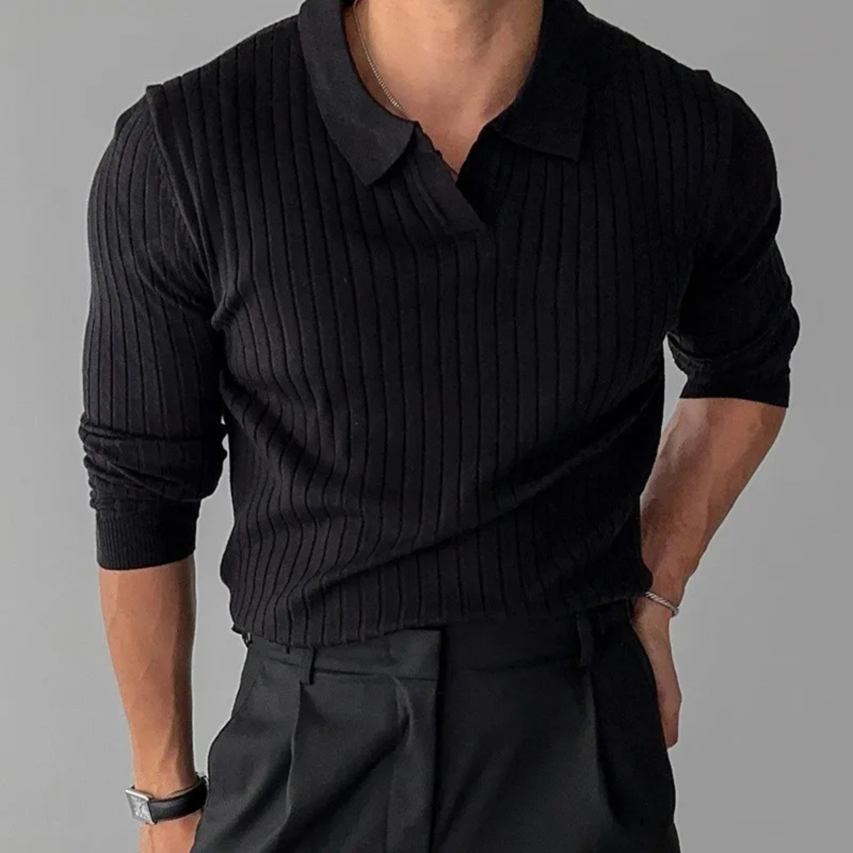 Men's V Neck Jacquard Knit Polo Shirt